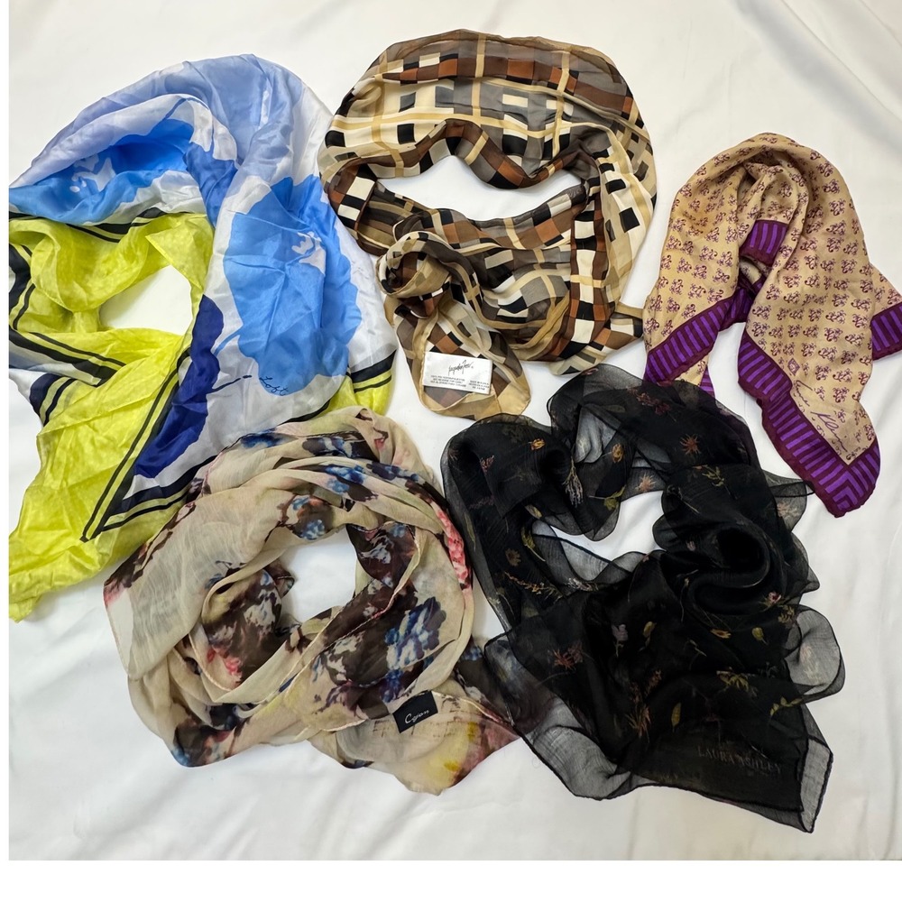 Mixed Designer Scarf Bundle Anne Klein Laura Ashley Floral Geometric Silk 5pc